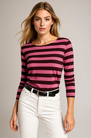 Kadın Çizgili Basic Bluz - Pembe Siyah - Günlük Rahat Şık Kombin - Yeni Sezon Trend