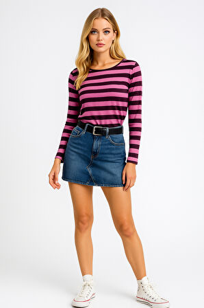 Kadın Çizgili Basic Bluz - Pembe Siyah - Günlük Rahat Şık Kombin - Yeni Sezon Trend