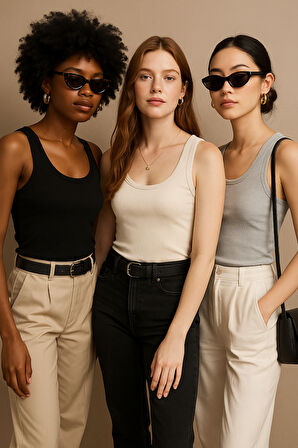 Kadın 3'lü Paket Siyah-Beyaz-Gri   Sıfır Kol Kaşkorse Body-Bisiklet Yaka %100 Pamuk Atlet Bluz