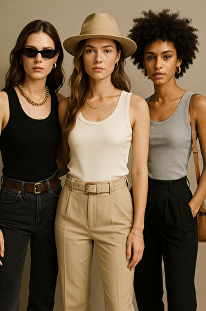 Kadın 3'lü Paket Siyah-Beyaz-Gri   Sıfır Kol Kaşkorse Body-Bisiklet Yaka %100 Pamuk Atlet Bluz