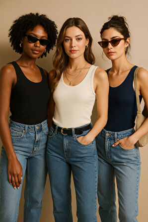 Kadın 3'lü Paket Siyah-Beyaz-Lacıvert   Sıfır Kol Kaşkorse Body-Bisiklet Yaka %100 Pamuk Atlet Bluz