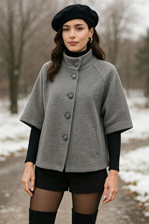Kadın Gri Düğmeli Yaka Detaylı Panço