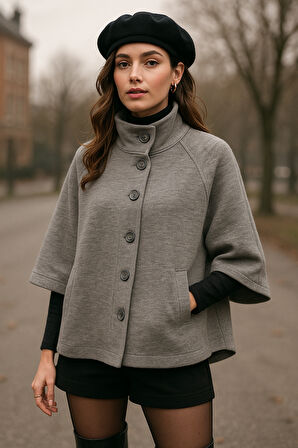 Kadın Gri Düğmeli Yaka Detaylı Panço