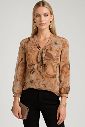 Kadın Kahverengi Şifon Bluz Gömlek – Fular Detaylı Desenli Model