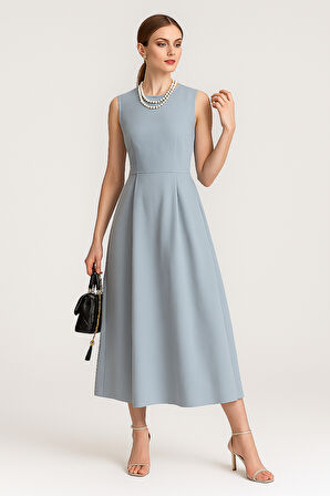 Kadın Açık Mavi Sıfır Kol Yuvarlak Yaka Elbise