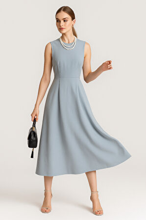 Kadın Açık Mavi Sıfır Kol Yuvarlak Yaka Elbise