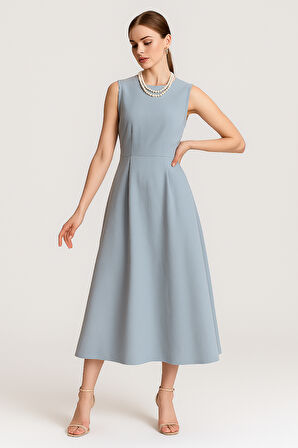Kadın Açık Mavi Sıfır Kol Yuvarlak Yaka Elbise