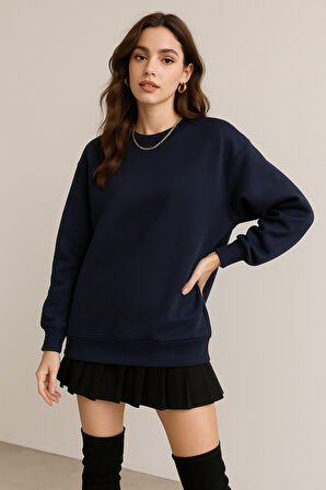 Kadın Lacivert Bisiklet Yaka Oversize Sweatshirt