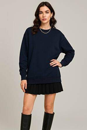 Kadın Lacivert Bisiklet Yaka Oversize Sweatshirt