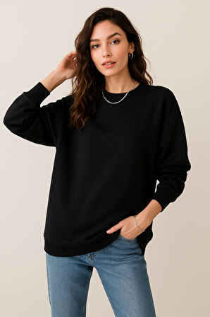 Kadın Siyah Bisiklet Yaka Oversize Sweatshirt