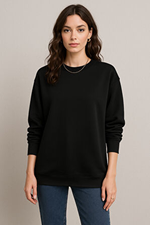 Kadın Siyah Bisiklet Yaka Oversize Sweatshirt