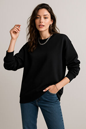 Kadın Siyah Bisiklet Yaka Oversize Sweatshirt