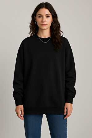 Kadın Siyah Bisiklet Yaka Oversize Sweatshirt