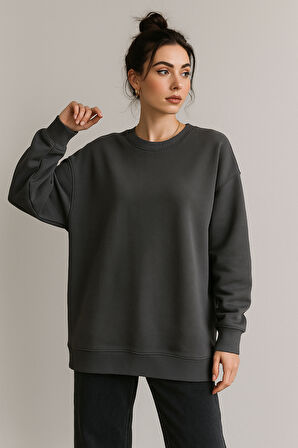Kadın Füme Bisiklet Yaka Oversize Sweatshirt