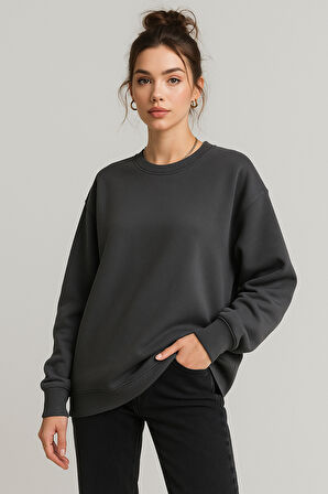 Kadın Füme Bisiklet Yaka Oversize Sweatshirt