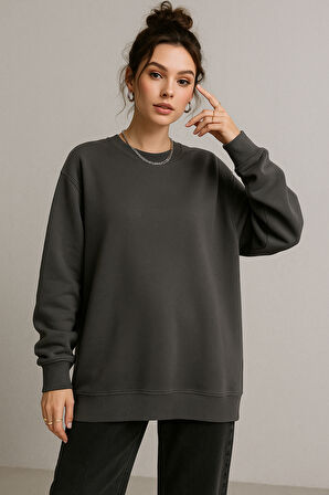 Kadın Füme Bisiklet Yaka Oversize Sweatshirt