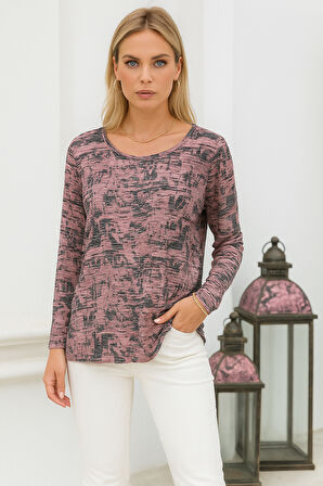 Kadın Gül Kurusu Desenli Bisiklet Yaka Uzun Kollu Bluz