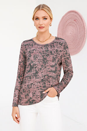 Kadın Gül Kurusu Desenli Bisiklet Yaka Uzun Kollu Bluz