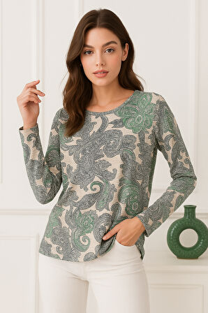 Kadın Bej Desenli Bisiklet Yaka Uzun Kollu Bluz