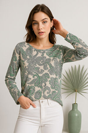 Kadın Bej Desenli Bisiklet Yaka Uzun Kollu Bluz