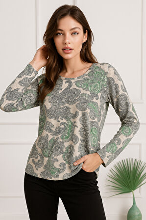 Kadın Bej Desenli Bisiklet Yaka Uzun Kollu Bluz