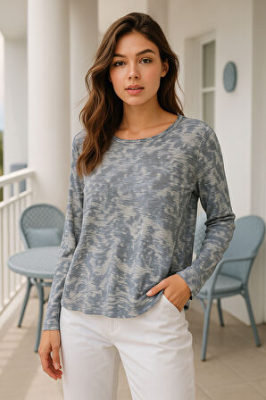 Kadın Füme Desenli Bisiklet Yaka Uzun Kollu Bluz