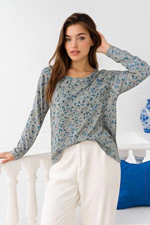 Kadın Haki Desenli Bisiklet Yaka Uzun Kollu Bluz