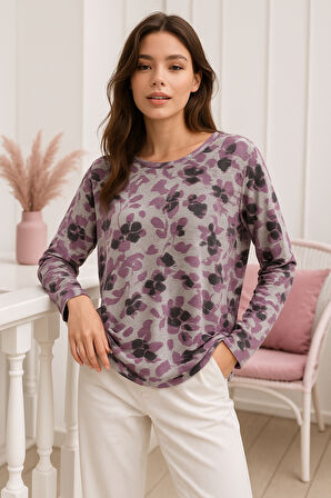 Kadın Mor Desenli Bisiklet Yaka Uzun Kollu Bluz