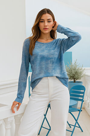 Kadın Açık Lacivert Desenli Bisiklet Yaka Uzun Kollu Bluz