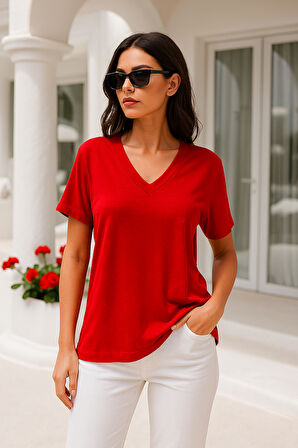 Kadın Kırmızı Viskon V Yaka Basic Kısa Kollu Tişört