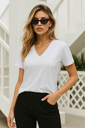 Kadın Beyaz Viskon V Yaka Basic Kısa Kollu Tişört