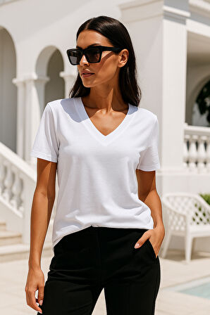 Kadın Beyaz Viskon V Yaka Basic Kısa Kollu Tişört