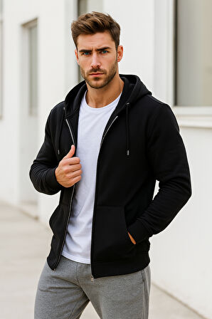 Erkek Siyah Kapüşonlu Kanguru Cepli Fermuarlı Sweatshirt