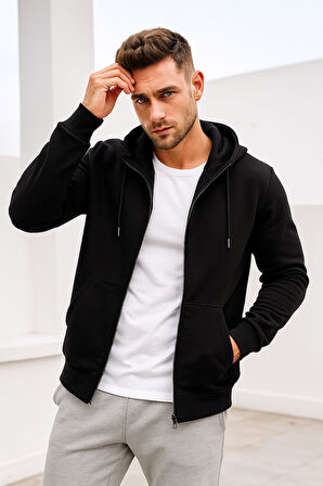 Erkek Siyah Kapüşonlu Kanguru Cepli Fermuarlı Sweatshirt