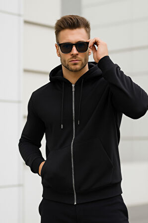 Erkek Siyah Kapüşonlu Kanguru Cepli Fermuarlı Sweatshirt