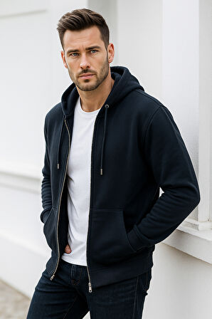 Erkek Lacivert Kapüşonlu Kanguru Cepli Fermuarlı Sweatshirt