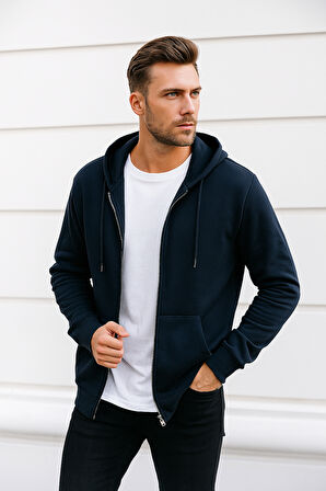Erkek Lacivert Kapüşonlu Kanguru Cepli Fermuarlı Sweatshirt