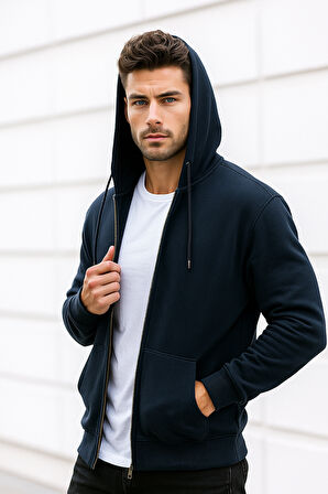 Erkek Lacivert Kapüşonlu Kanguru Cepli Fermuarlı Sweatshirt