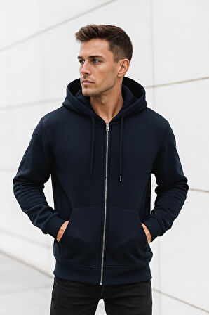 Erkek Lacivert Kapüşonlu Kanguru Cepli Fermuarlı Sweatshirt