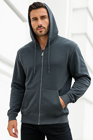 Erkek Füme Kapüşonlu Kanguru Cepli Fermuarlı Sweatshirt