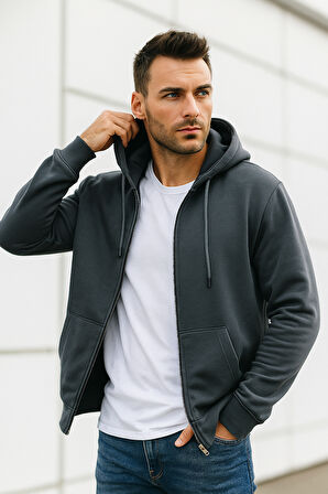 Erkek Füme Kapüşonlu Kanguru Cepli Fermuarlı Sweatshirt