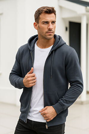 Erkek Füme Kapüşonlu Kanguru Cepli Fermuarlı Sweatshirt