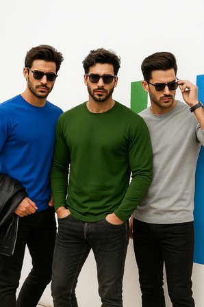 Erkek Mavi-Haki-Grimelanj 3'lü Paket Basic Uzun Kollu Sporcu Body