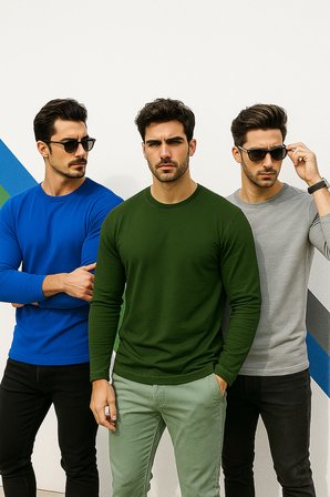 Erkek Mavi-Haki-Grimelanj 3'lü Paket Basic Uzun Kollu Sporcu Body