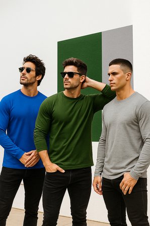 Erkek Mavi-Haki-Grimelanj 3'lü Paket Basic Uzun Kollu Sporcu Body