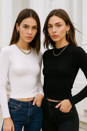 Kadın Siyah-Beyaz 2'li Paket Bisiklet Yaka Esnek Kumaşlı Vücuda Oturan Slim Fit Uzun Kollu Crop Body