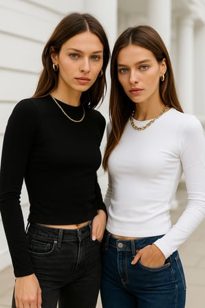 Kadın Siyah-Beyaz 2'li Paket Bisiklet Yaka Esnek Kumaşlı Vücuda Oturan Slim Fit Uzun Kollu Crop Body