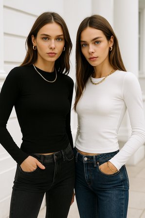 Kadın Siyah-Beyaz 2'li Paket Bisiklet Yaka Esnek Kumaşlı Vücuda Oturan Slim Fit Uzun Kollu Crop Body