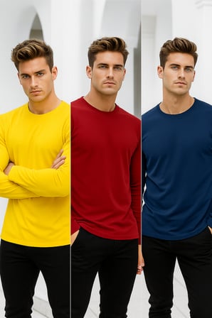 Erkek Sarı-Kırmızı-Lacivert 3'lü Paket Basic Uzun Kollu Sporcu Body