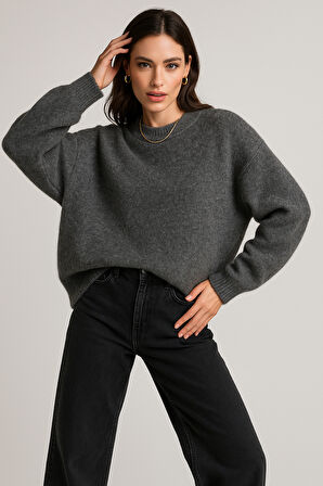 Kadın Antrasit Yumuşak Dokulu Basic Uzun Kollu Triko Kazak